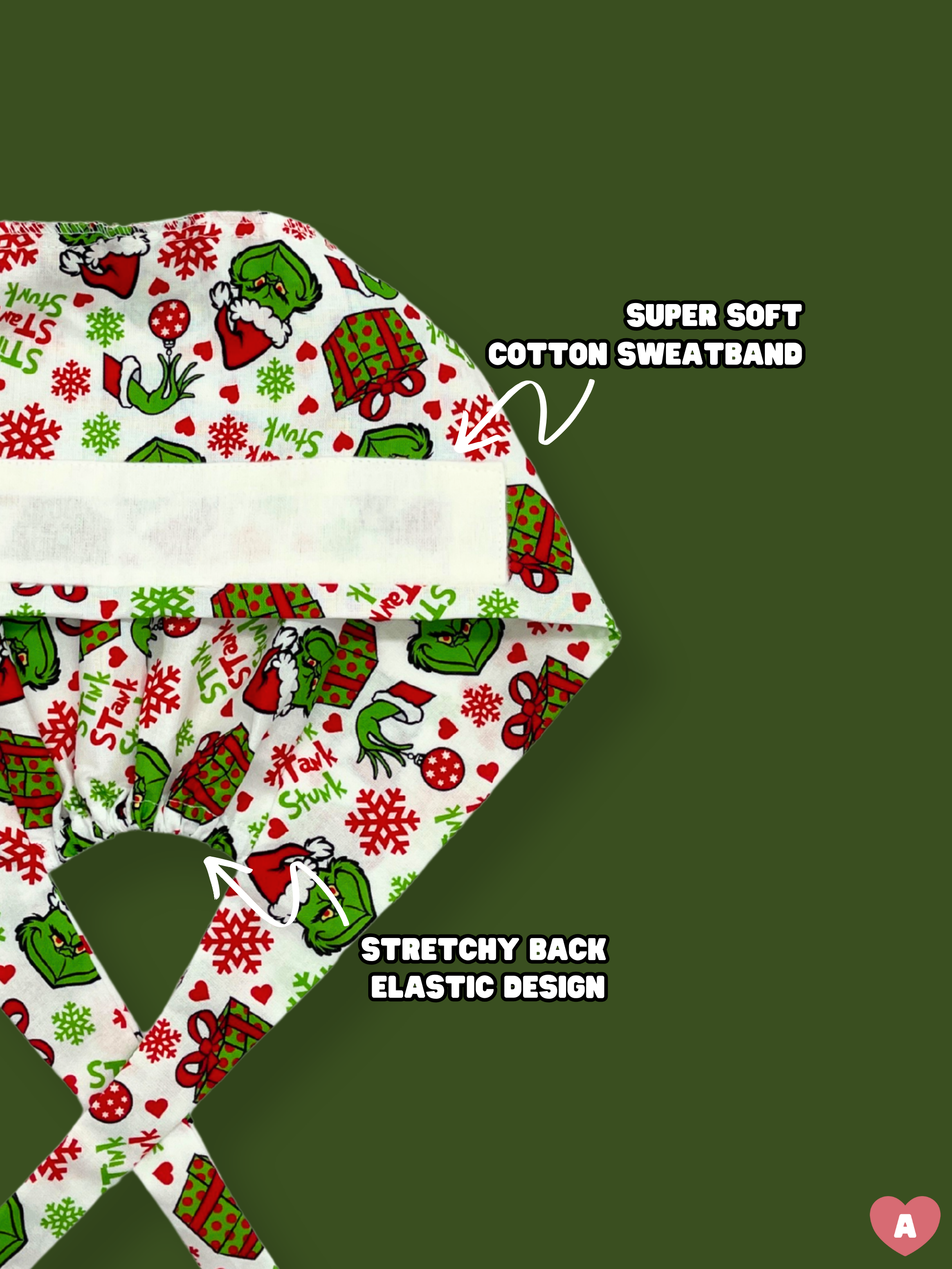 Super soft cotton sweatband with Christmas-themed design on a green background