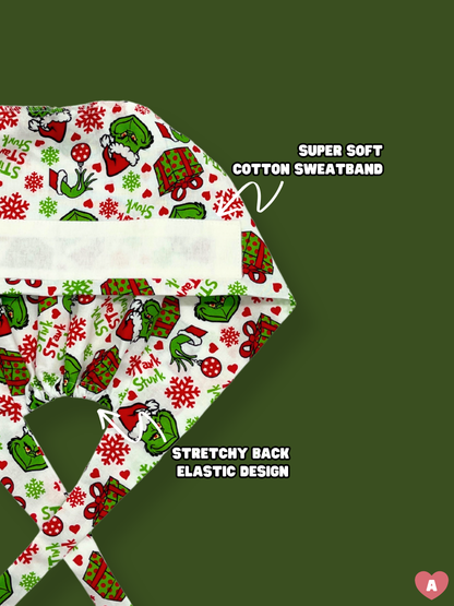 Super soft cotton sweatband with Christmas-themed design on a green background